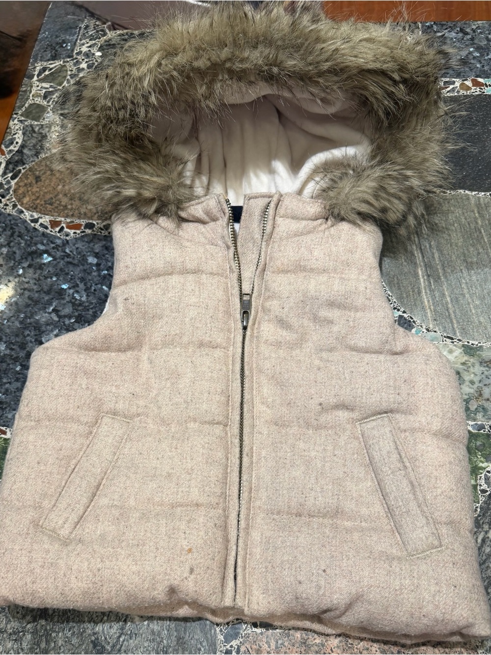 Fleece-Lined Hooded Puffer Vest in Light Beige with Faux Fur Trim 3t